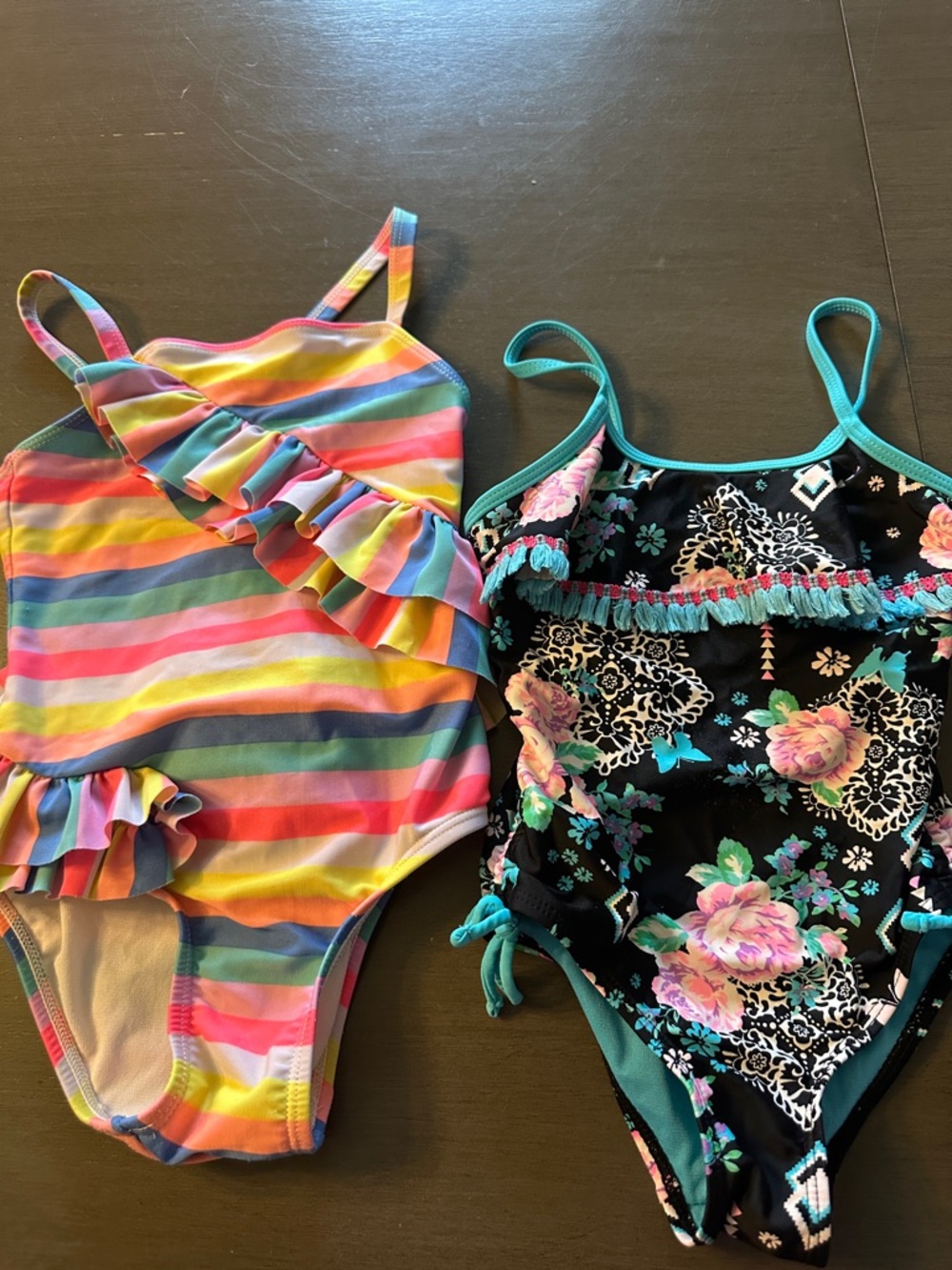 Girls' Multi-Color Ruffle One-Pieces - Rainbow Stripe & Black Floral Swimsuits